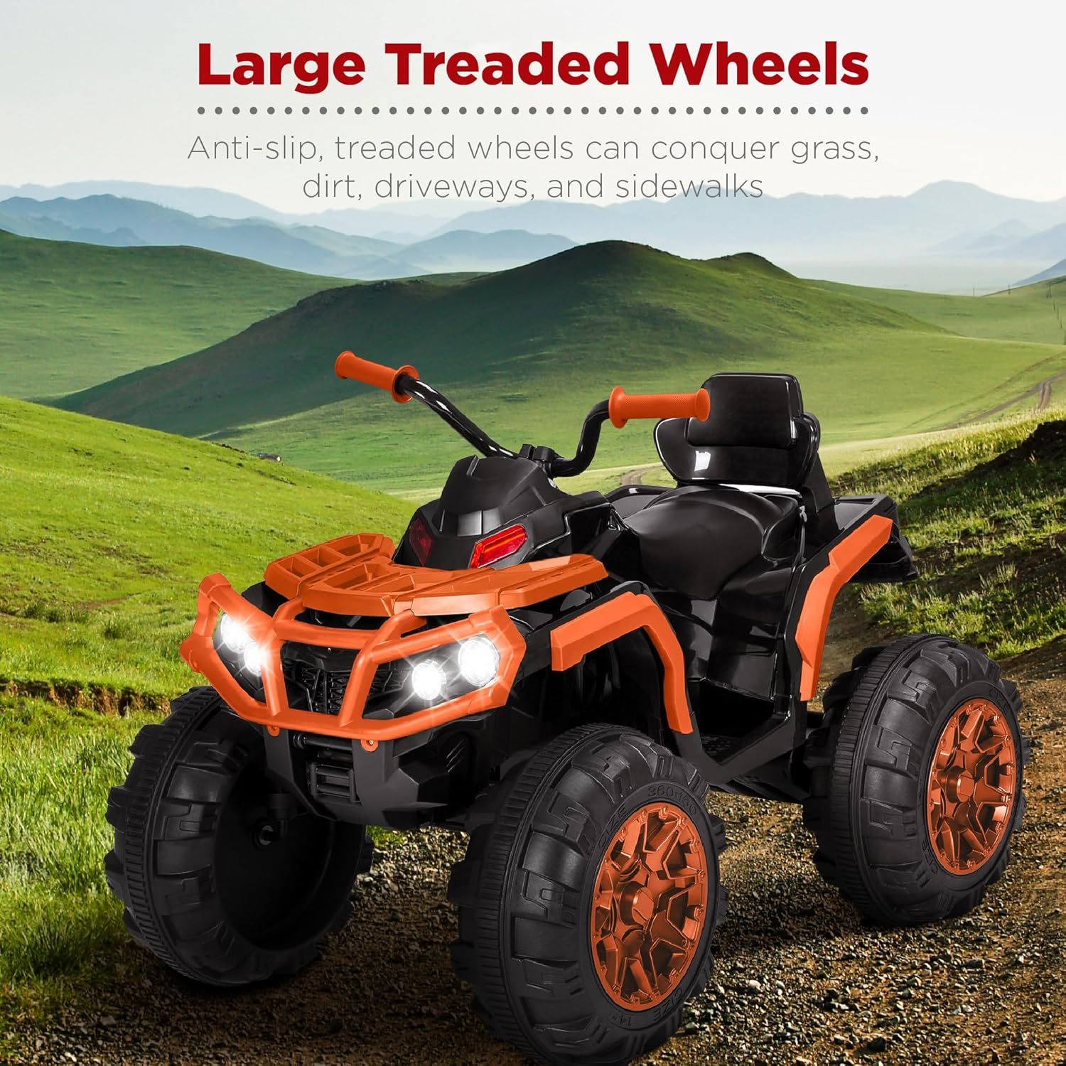 Best Choice Products 12V ATV eléctrico para niños de 4 ruedas con audio Bluetooth, velocidad máxima de 3.7 mph, neumáticos con banda de rodadura, faros LED, radio, color negro