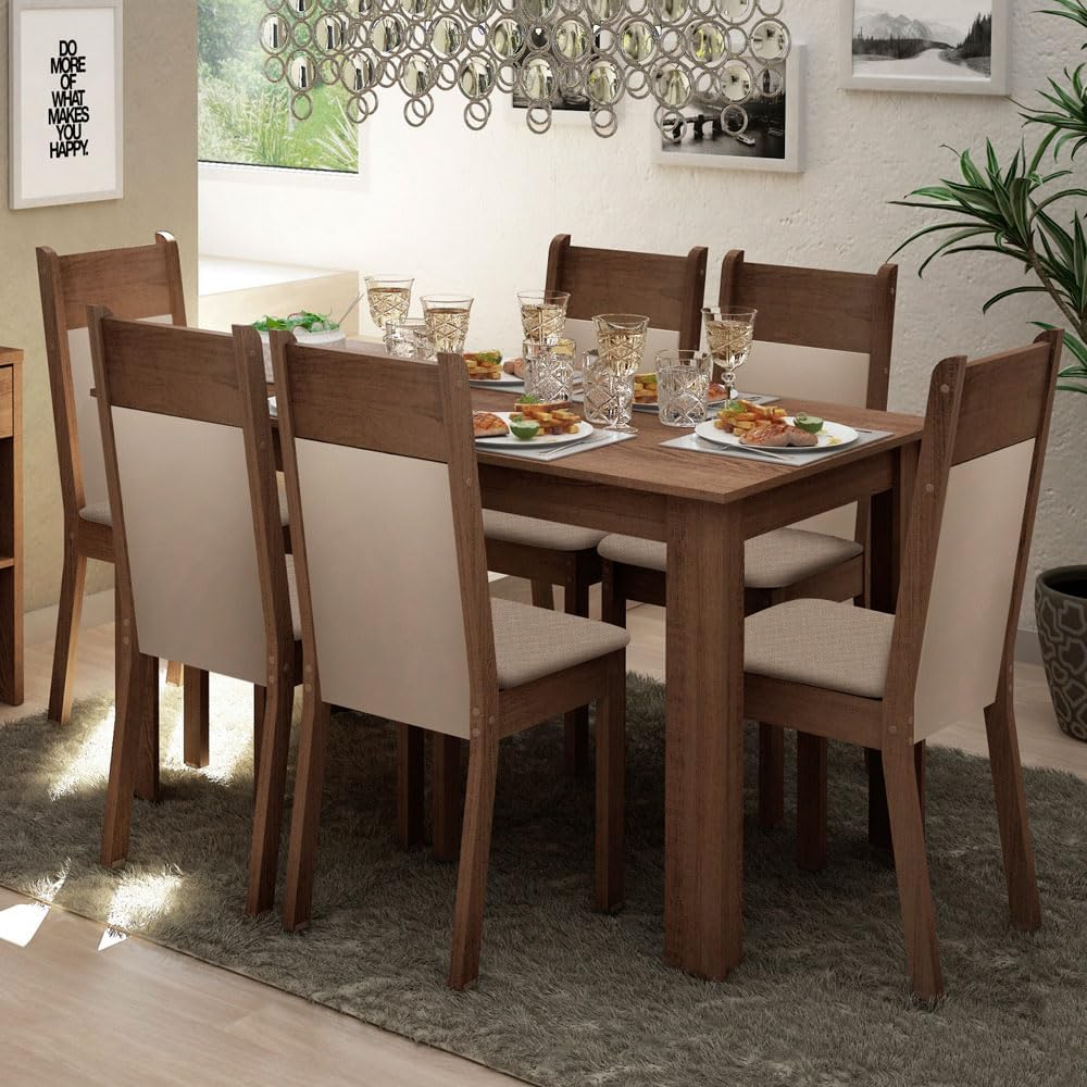 Madesa Juego de Comedor, Mesa con Tablero de Madera y 6 Sillas Jaíne - Marrón/Crema/Beige