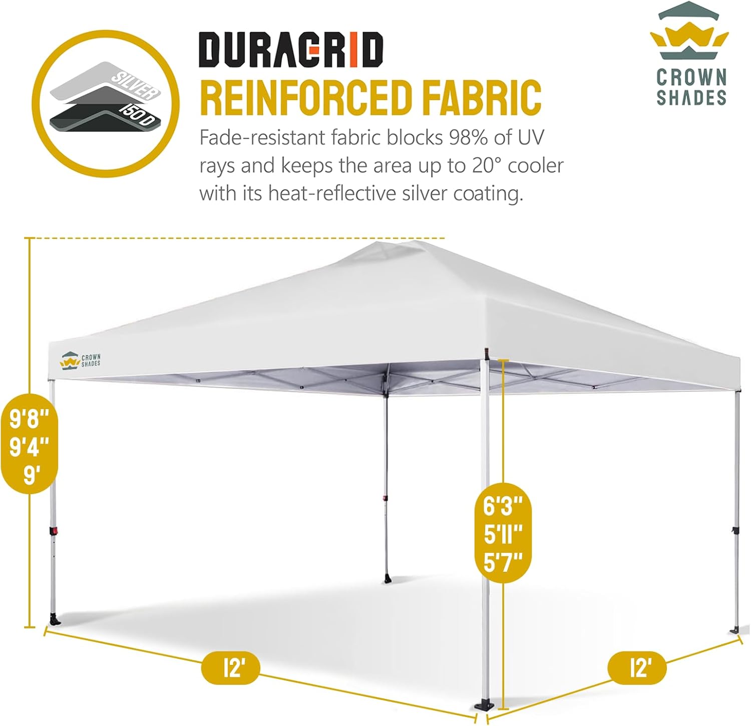 CROWN SHADES - Toldo desplegable de 3.60 x 3.60 metros, toldo patentado de un empuje con bolsa de transporte con ruedas, 8 estacas y 4 cuerdas, negro