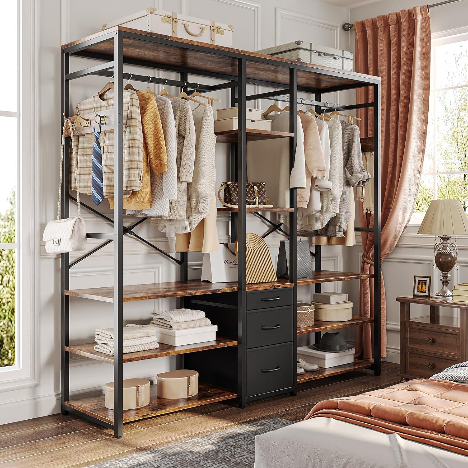 Simple Wisdom Closet Armables Para Ropa,Perchero Para Ropa Con 3 Cajones de Tela y Ganchos,Rack Para Ropa Con 8 Estantes Abiertos,Perchero Abierto Extra Grande,Closet Organizador de Ropa,183*200*40CM