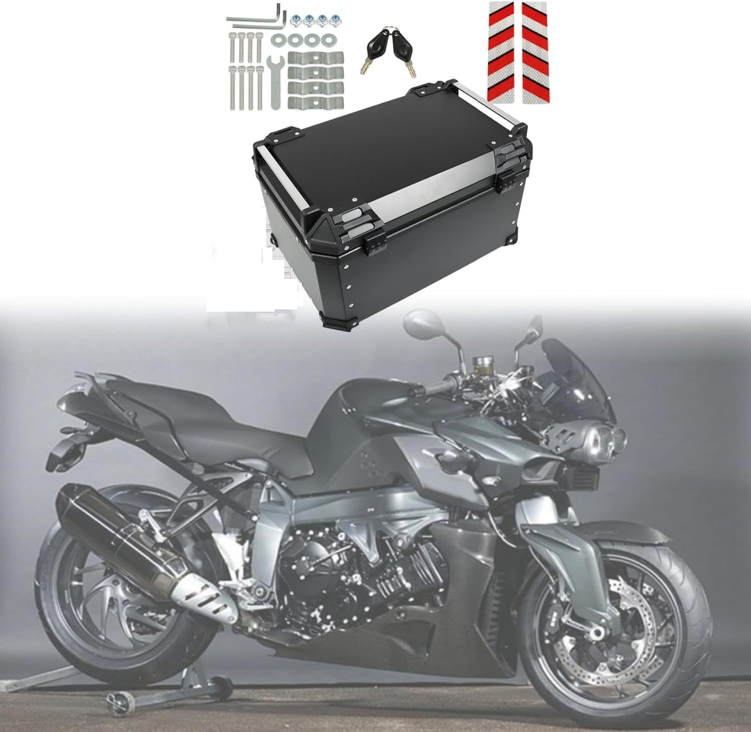 Labwork - Caja trasera para motocicleta de 45 l, con placa de montaje, aleación de aluminio dura, cierre de seguridad contra robo, metal plateado, caja trasera para maletero