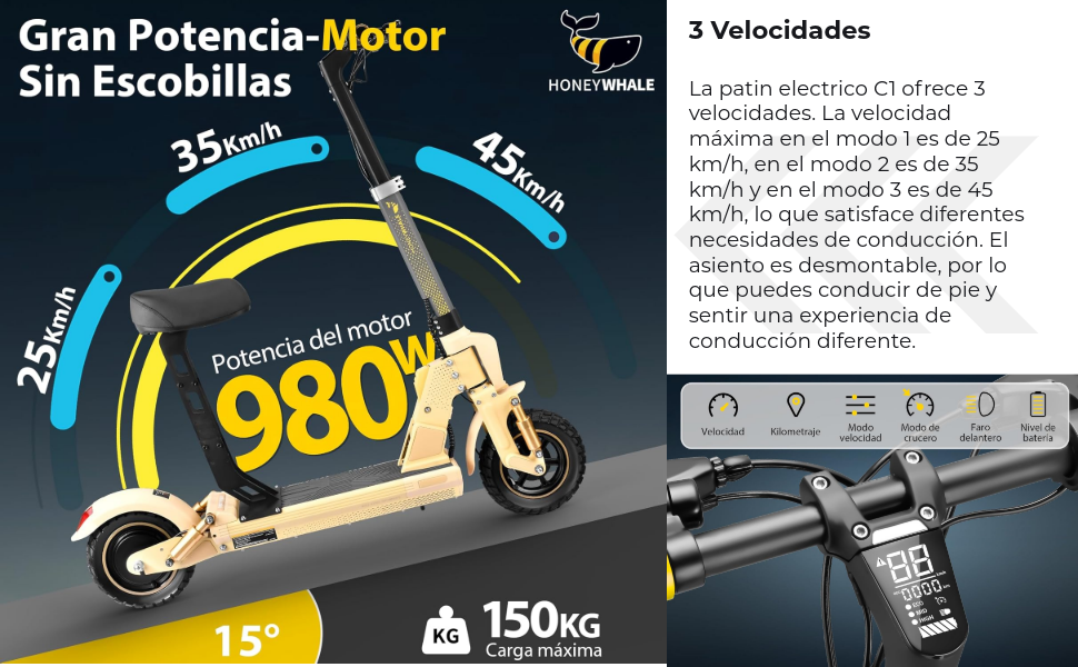C1 Scooter Eléctrico Adulto con Asiento, Patín Eléctrico Plegable con Motor 980W, Velocidad