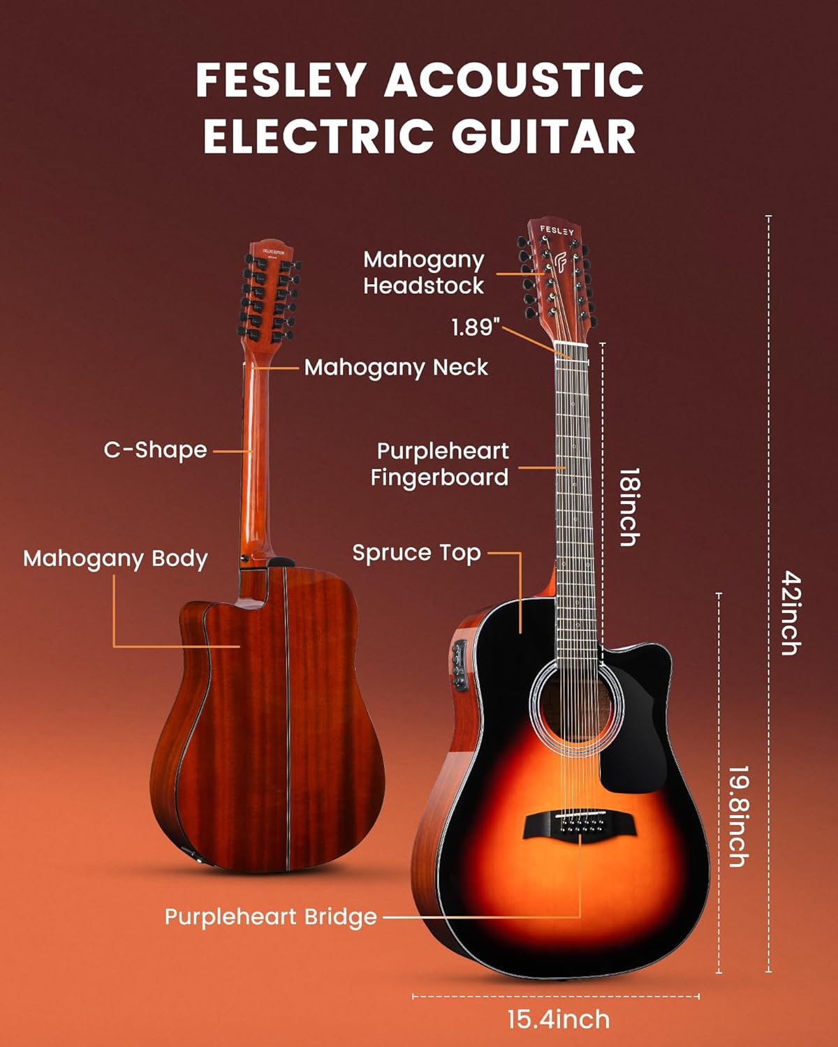 Fesley Guitarra de 12 cuerdas, guitarras eléctricas acústicas de tamaño completo para adultos, guitarra de abeto superior acústica, paquete de guitarra recortada con bolsa de concierto, púas, cuerdas, correa, natural
