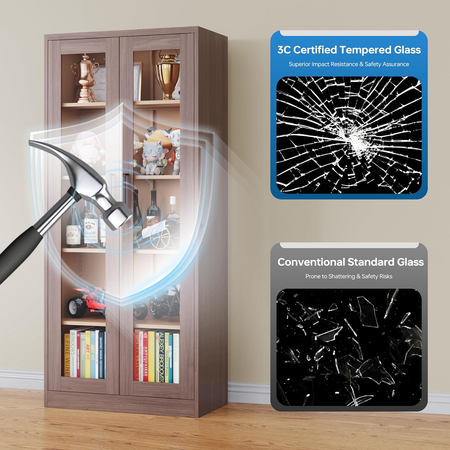 PEUKC - Vitrina con puertas de vidrio, vitrinas con 4 estantes ajustables y cerradura para el hogar, la oficina, la clínica, la despensa, requiere ensamblaje, negro, color madera