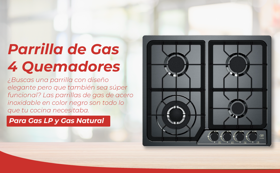 AVERA Parrilla de Gas 4 Quemadores 58.5cm Acero Inoxidable Negro