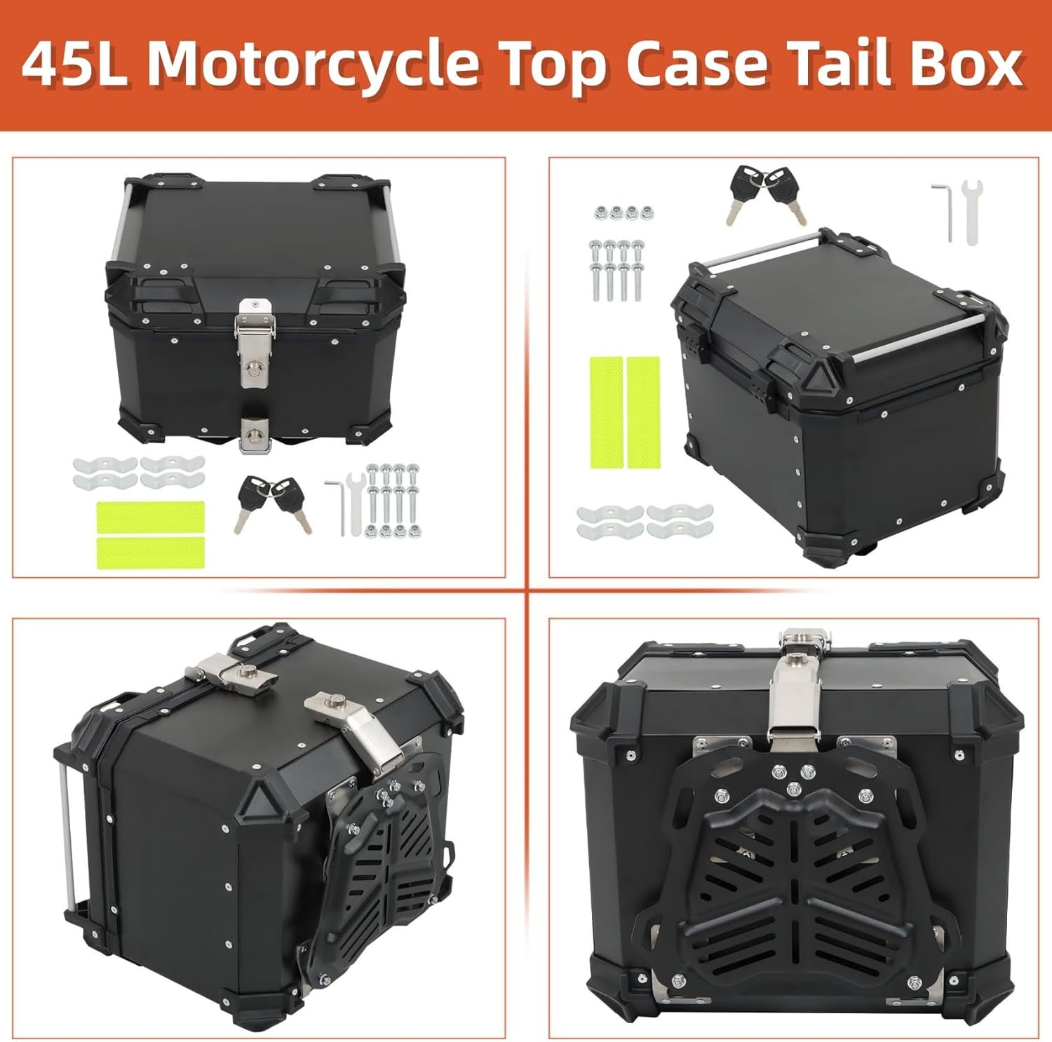 Labwork - Caja trasera para motocicleta de 45 l, con placa de montaje, aleación de aluminio dura, cierre de seguridad contra robo, metal plateado, caja trasera para maletero