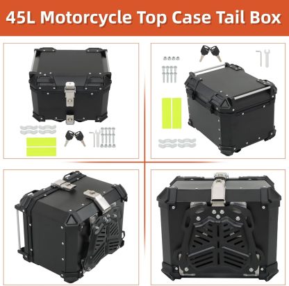 Labwork - Caja trasera para motocicleta de 45 l, con placa de montaje, aleación de aluminio dura, cierre de seguridad contra robo, metal plateado, caja trasera para maletero