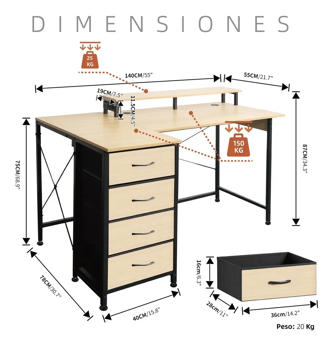 Imagen 2 de 6 de Portga Escritorio De Estilo Clásico, En Forma De L Con Posición Ajustable, Con Cuatro Cajones, Dos Puertos Usb Y Dos Enchufes. Color Madera Veteada