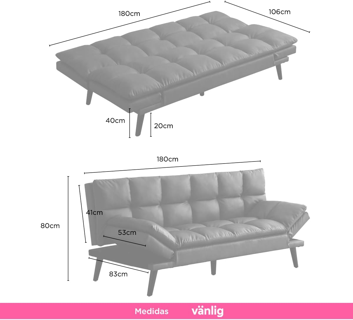 VANLIG | Sofá Cama Moderno de Vinipiel | Acolchado Futón Munich | Multiusos Ajustable | para Espacios Pequeños | Alta Calidad Resistente y Duradero | Color Café