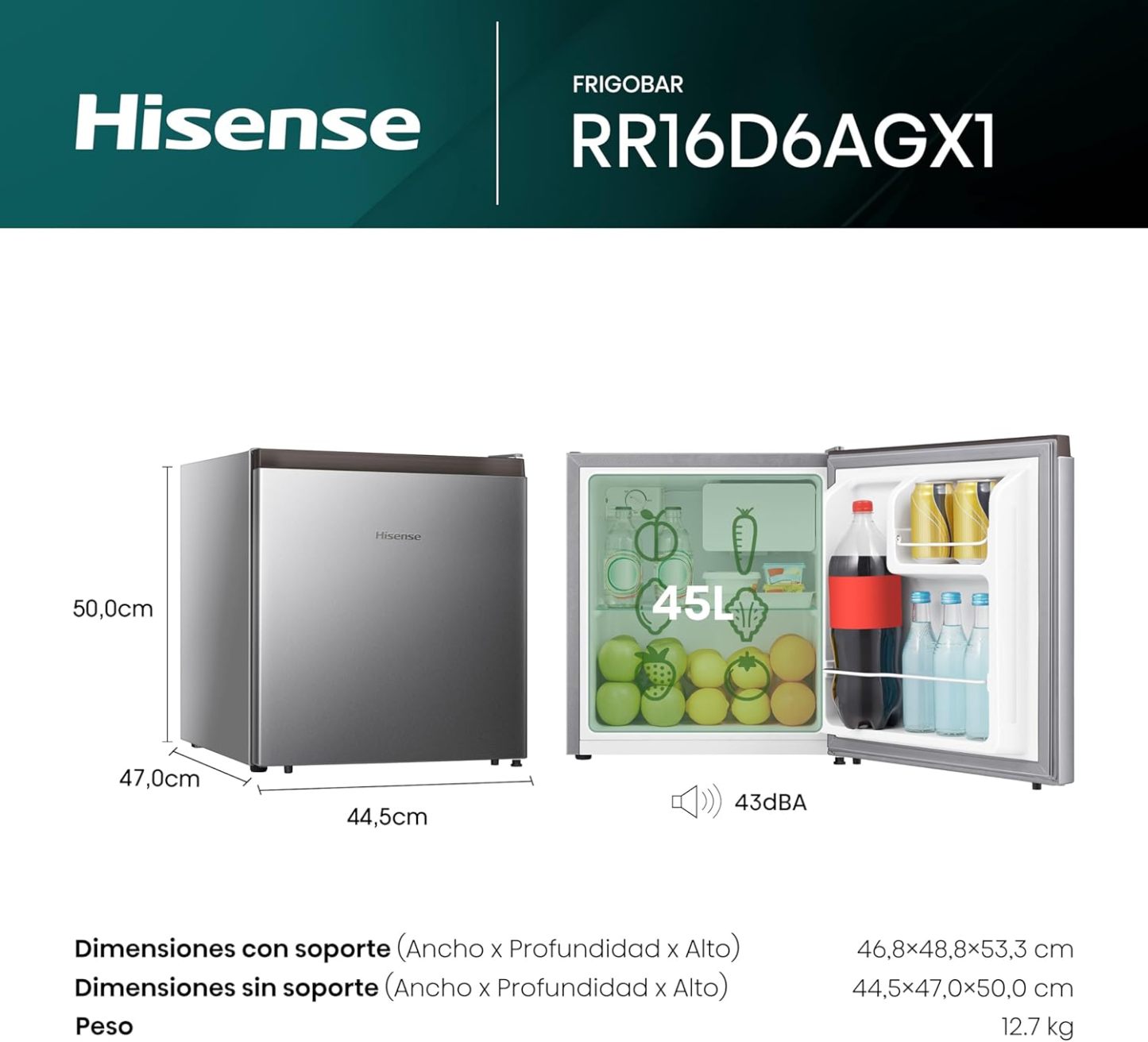 Hisense RR16D6AGX1- Frigobar,1.6 pies cúbicos,Congelador independiente,Termostato ajustable,Estantes para botellas de 2 litros,45x47x50cm(AnchoxLargoxAlto),Gris