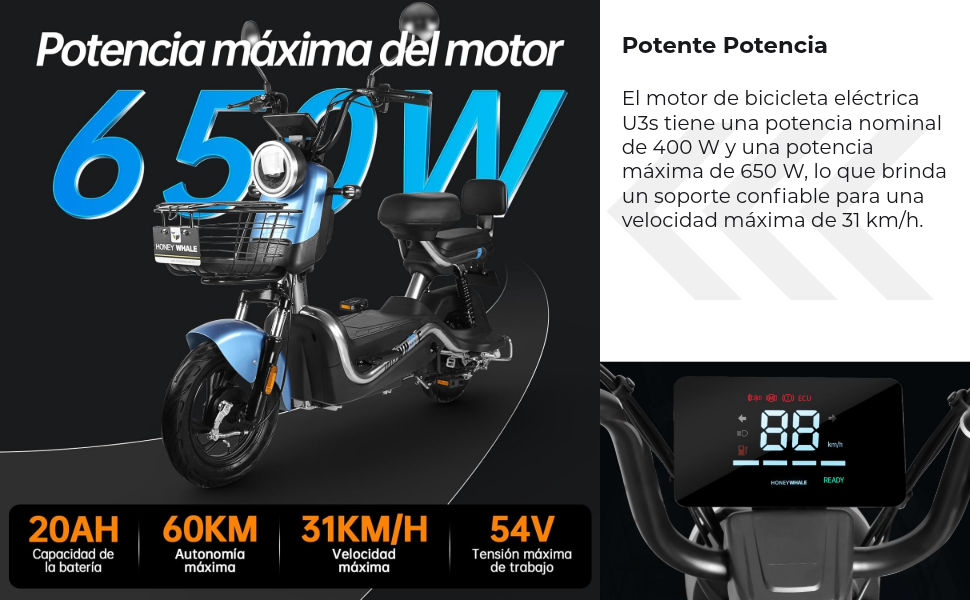 U3s Bicicleta Electrica para Adultos, Bicimoto Eléctrica con Alarma, Máxima del Motor 650W Velocidad