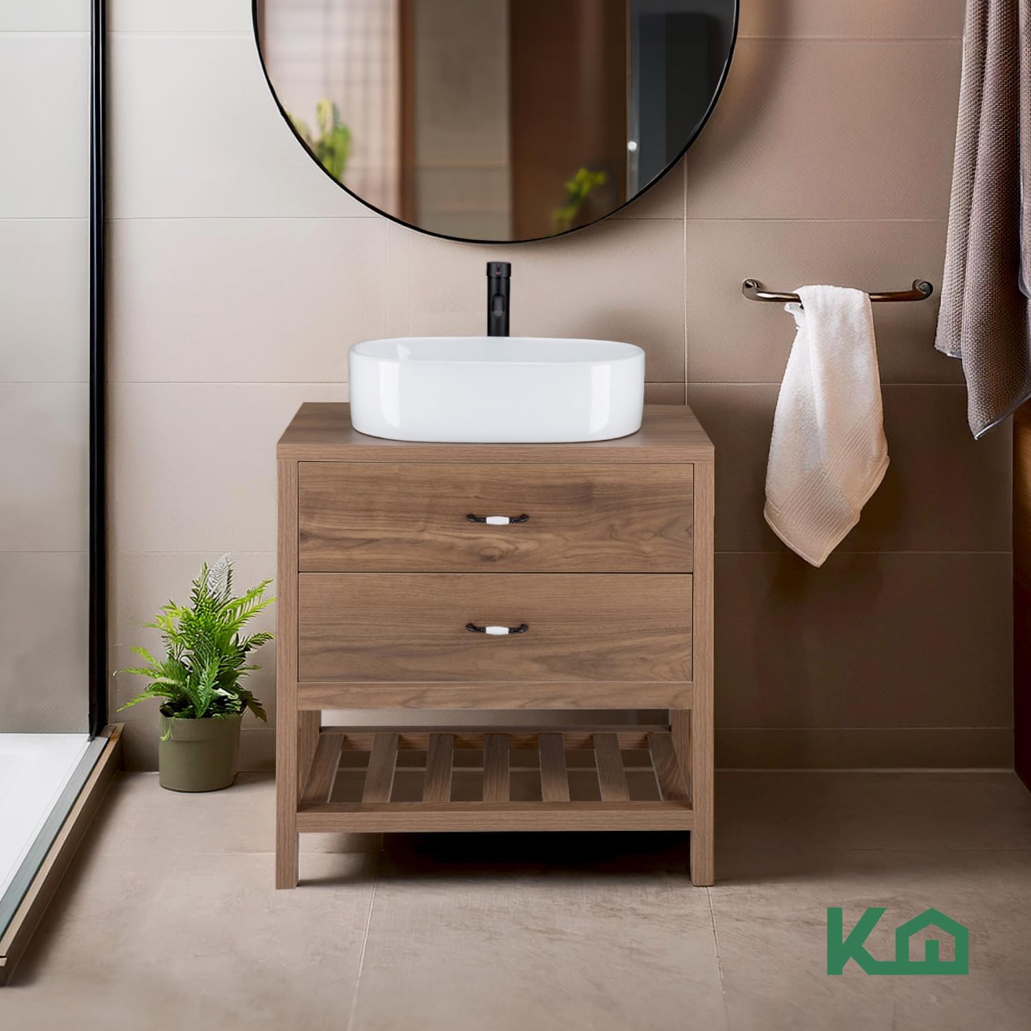 Kingshouse | Gabinete para Baño con Ovalín y Monomando – Mueble de Baño Lavamanos con 2 Cajones – Lavabo – Gabiente Organizador - Color Gris Mate – Fibra de Madera MDF – Lavamanos De Cerámica
