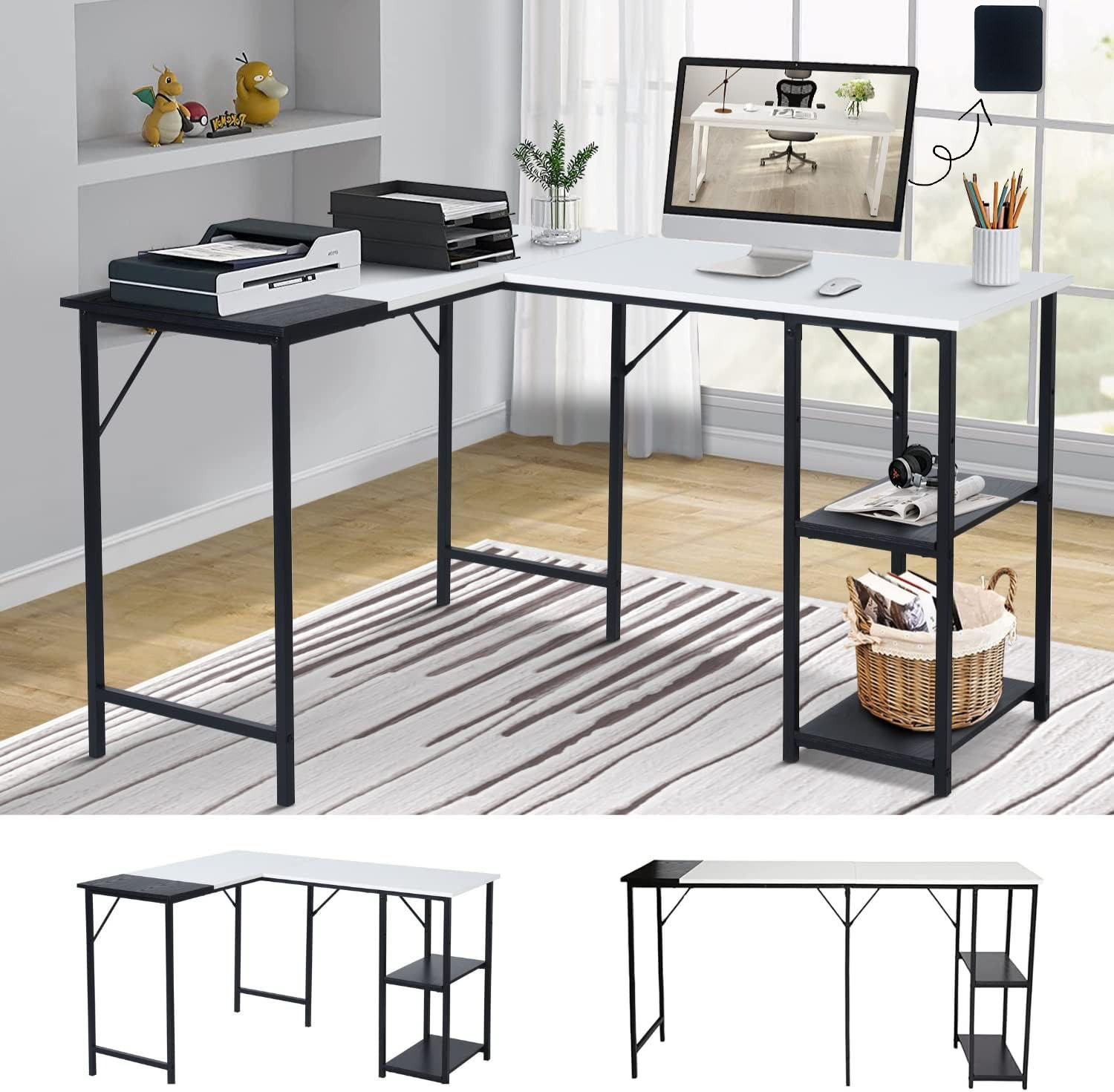 GOMYHOME Escritorio para computadora en Forma de L Escritorio para Juegos de computadora Estación de Trabajo para Escritura Cinturón de Estudio para Oficina en casa Escritorio Grande de 124 cm (Negro)