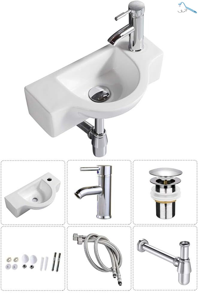 Fregadero de baño de cerámica blanca, fregadero esquinero pequeño montado en la pared (fregadero con grifo y desagüe) -----Cepillo de limpieza