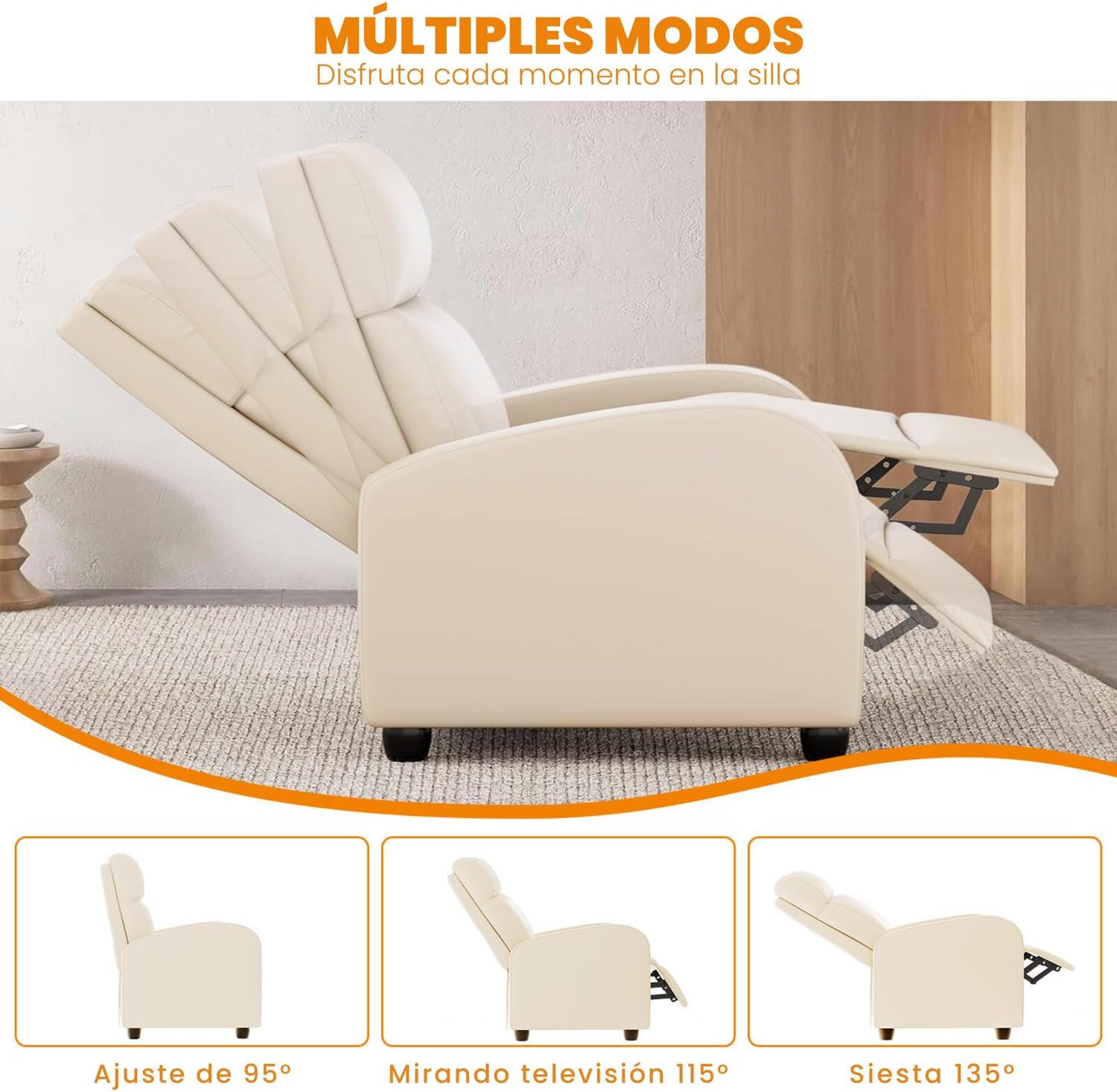 FABATO Sillon Individual-Sillon Reclinable Adultos Tipo Cine 8 Modos de Masaje con Soporte Lumbar, Reposapiés Retráctil y 3 Posiciones -Tu Mecedora Adulto de Cuero Ideal para tu casa (Crema)