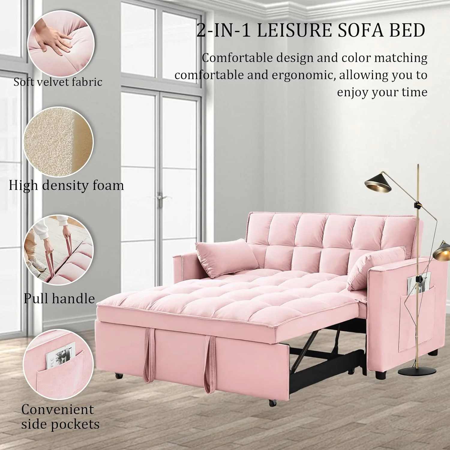SofÃ¡ cama convertible de terciopelo con respaldo regulable en altura, almohadones con espacio de almacenamiento y sofÃ¡ cama extraÃ­ble