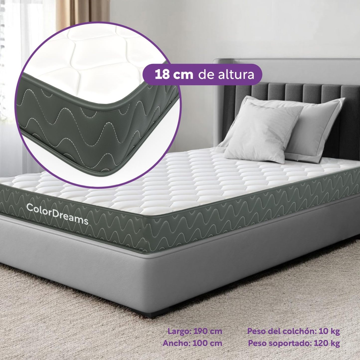 COLORDREAMS | Colchón en Caja Individual Essential Memory Foam – 100x190x18 cm – 5 Capas De Espuma de Alta Densidad y Tela – Firmeza Media – Hipoalergénico