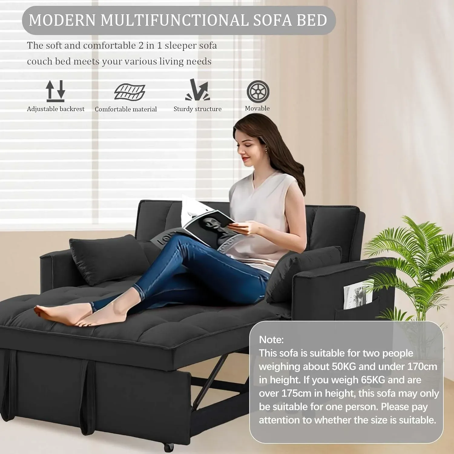 SofÃ¡ cama convertible de terciopelo con respaldo regulable en altura, almohadones con espacio de almacenamiento y sofÃ¡ cama extraÃ­ble