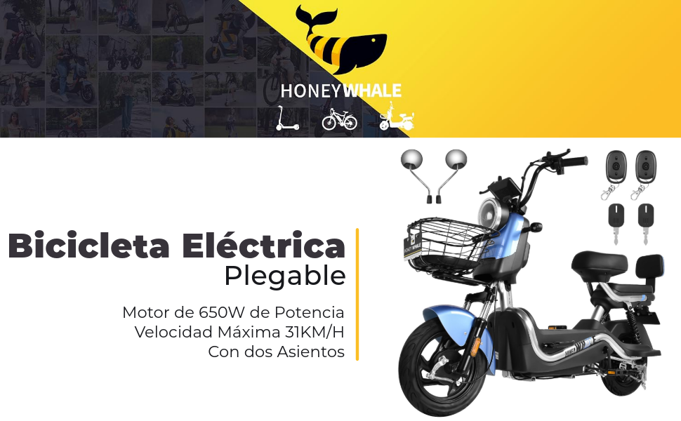 U3s Bicicleta Electrica para Adultos, Bicimoto Eléctrica con Alarma, Máxima del Motor 650W Velocidad