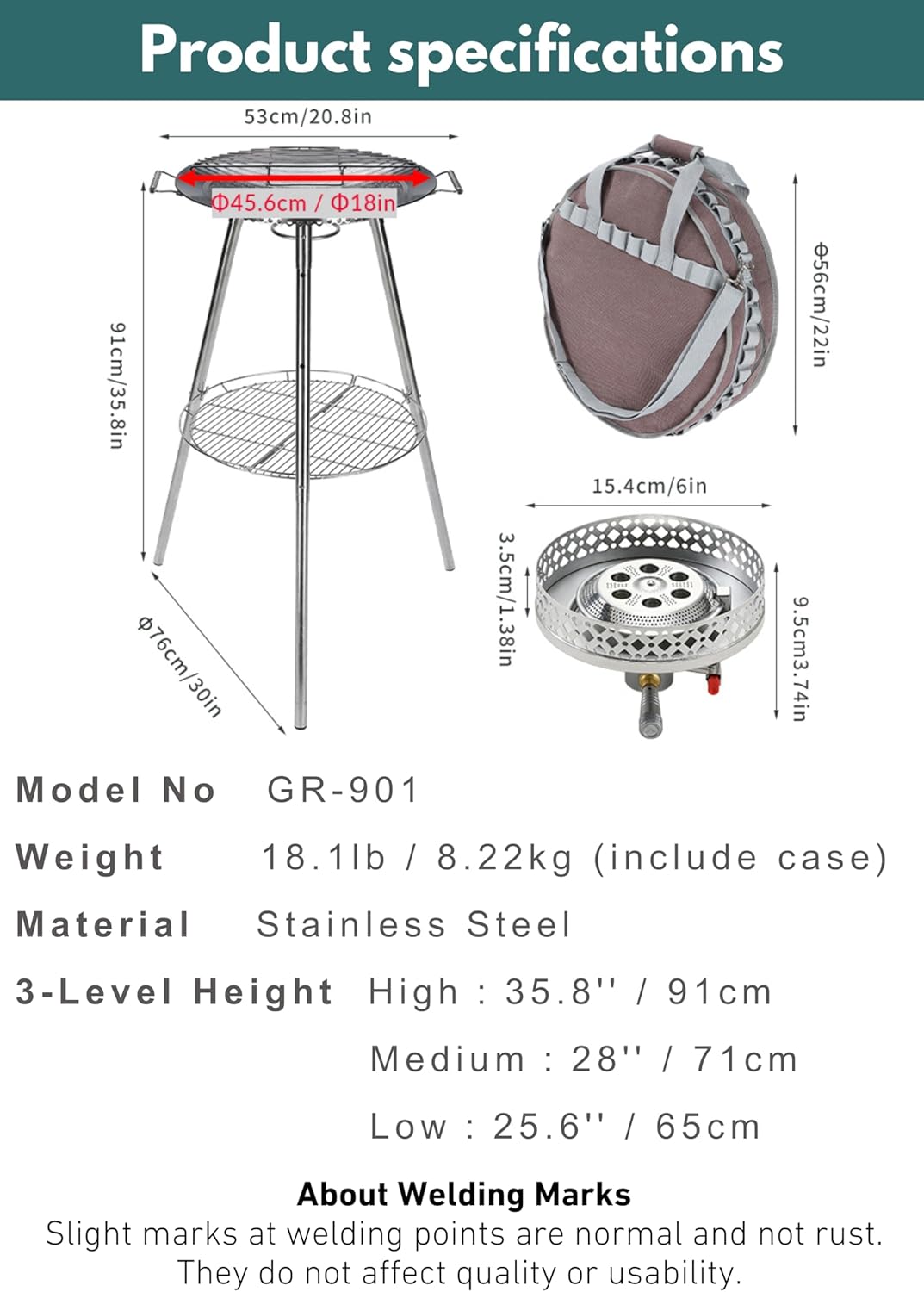 CAMPINGMOON GR-901 - Plancha para barbacoa de 18 pulgadas con válvula Lindal EN417 - Bote estándar para estufa de gas, soporte para quemadores de estufa de gas, soporte para parrilla de horno, kit de