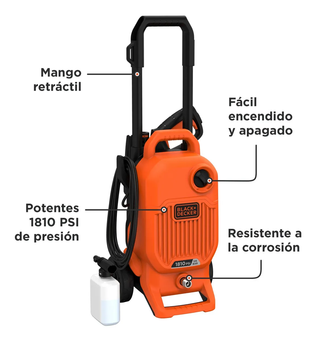 Hidrolavadora eléctrica Black+Decker Hidrolavadora BEPW1800T naranja de 1.7kW con 125bar de presión máxima - 60Hz