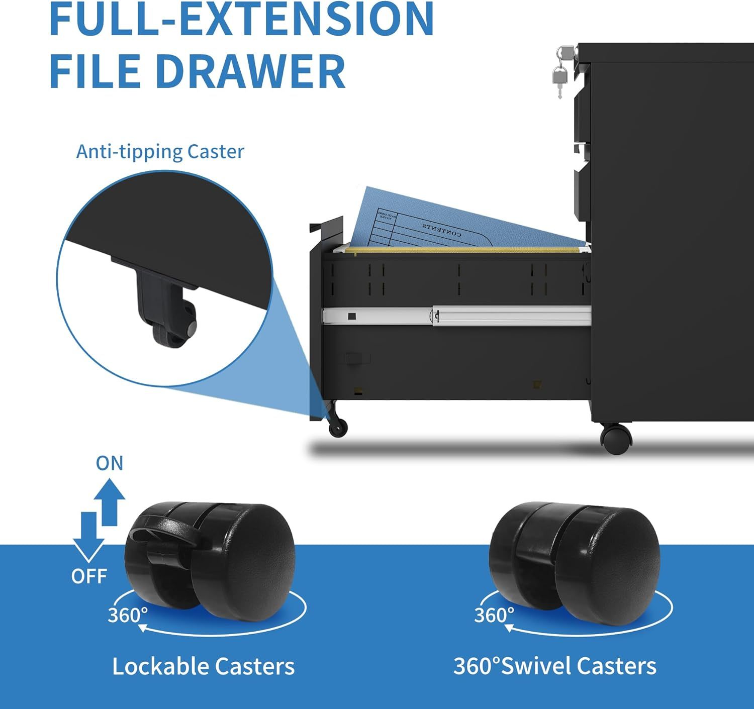 BIZOEIRON - Archivador móvil de 3 cajones, archivador de metal debajo del computadora con cerradura y ruedas, archivador rodante para oficina en casa, legal/letra/archivo A4 (negro)