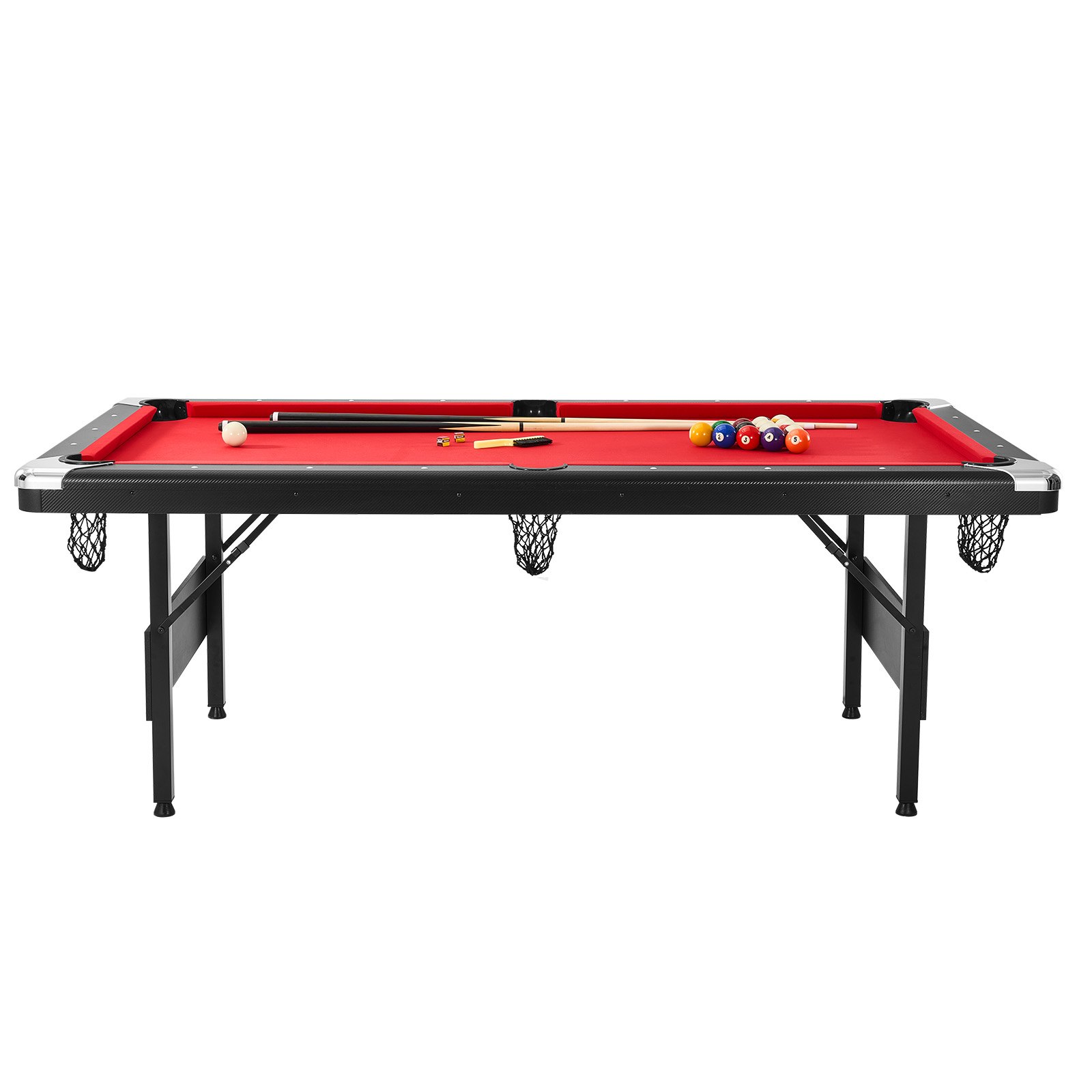Mesa de Billar 213,4x120x80,5 cm Kit de Billar Plegable y Portátil Set Completo de Accesorios con Bolas, Tacos, Tizas y Pincel Color Negro con Tela Roja para Sala de Juegos, Hogar, Club, Bar