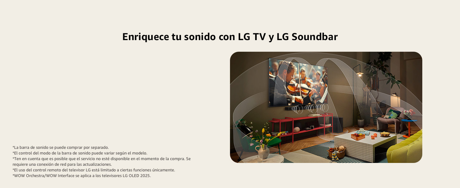 Graphics depict how LG OLED TV and LG Soundbar fill the space with multi-surround sound