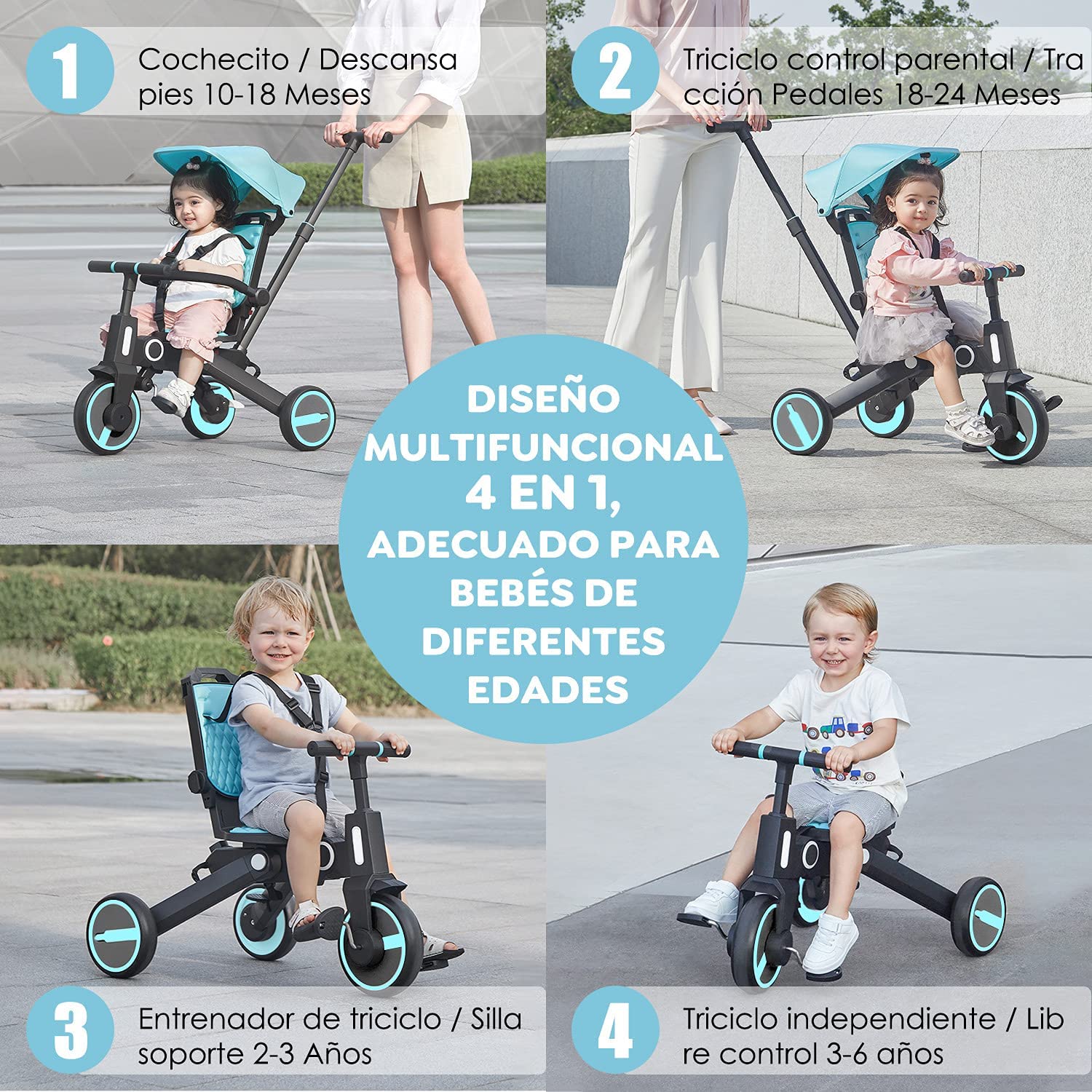 Triciclo de bebé 4 en 1, Bici polivalente, cochecito de dirección plegable, bicicleta de aprendizaje con barandilla desmontable, con toldo ajustable, arnés de seguridad, pedales plegable, freno, asa de empuje para padres, diseño de absorción de impactos,