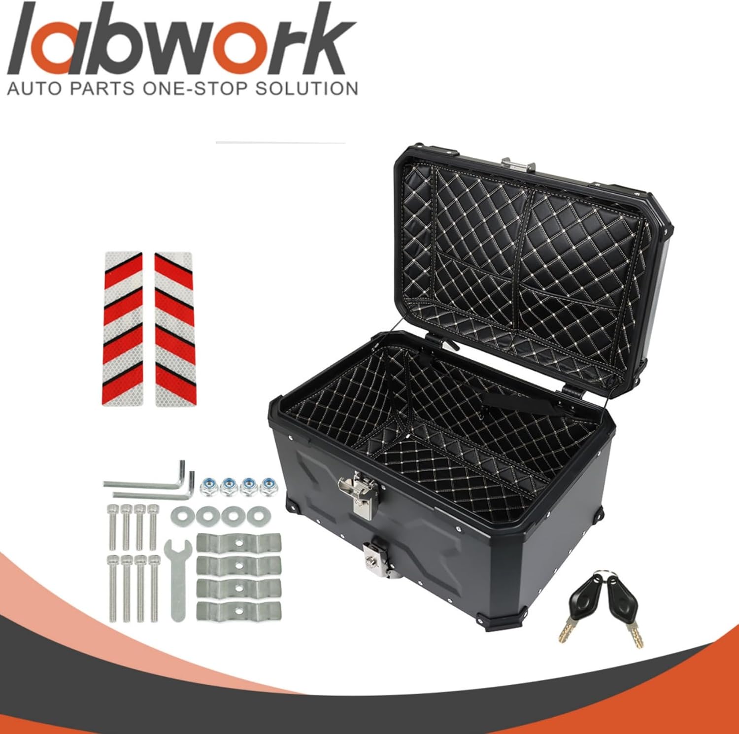 Labwork - Caja trasera para motocicleta de 45 l, con placa de montaje, aleación de aluminio dura, cierre de seguridad contra robo, metal plateado, caja trasera para maletero