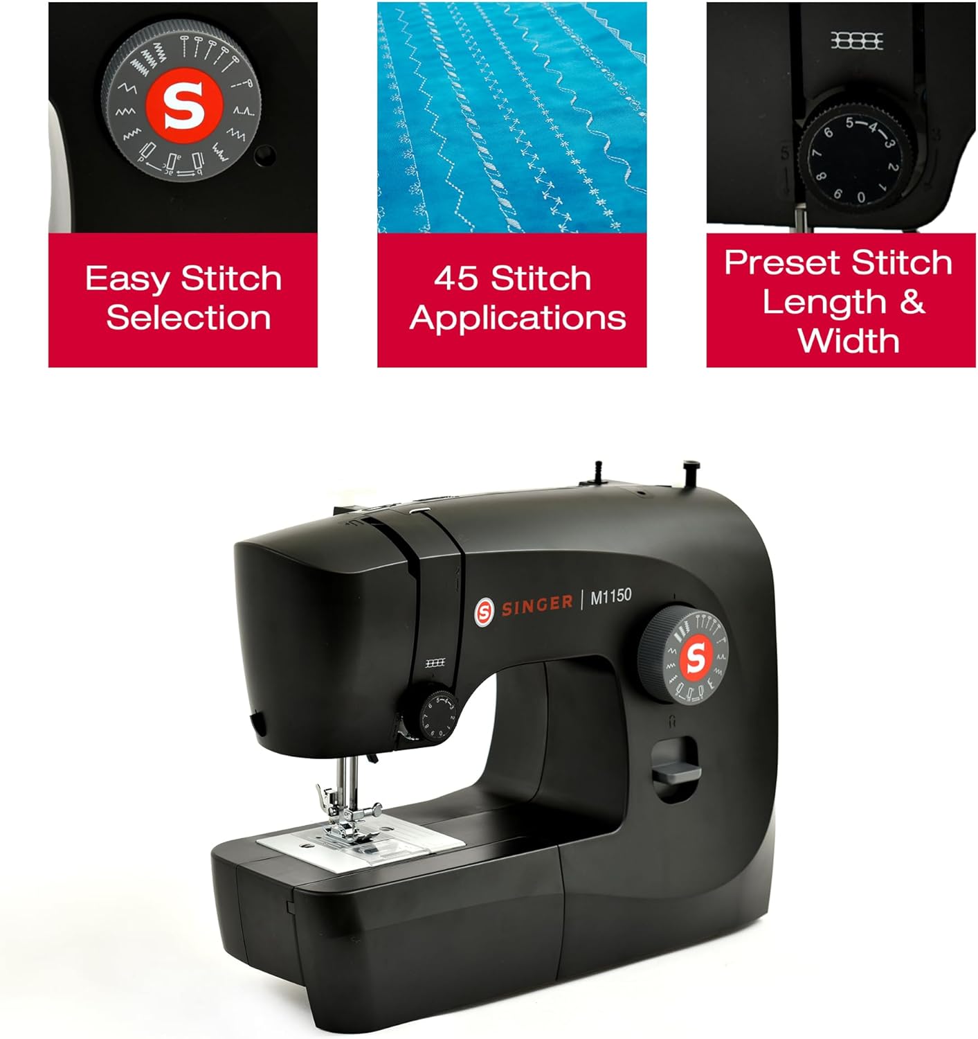 SINGER M1150 - Máquina de coser ligera y portátil con 45 aplicaciones de puntadas, luz LED y ojal de 4 pasos | Se utiliza para reparar y coser