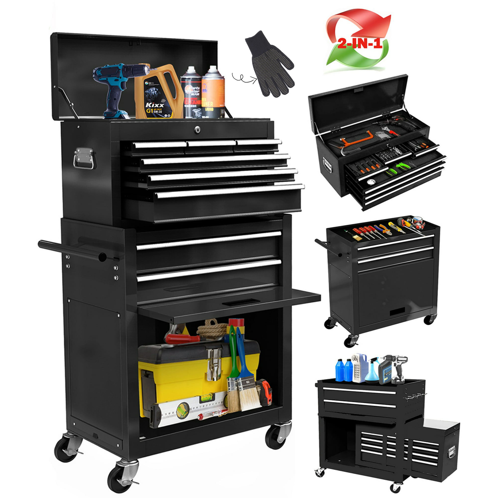 Seizeen Caja de herramientas y gabinete 2 en 1, organizador de caja de herramientas con ruedas de 8 cajones de gran capacidad, con ruedas, con cerradura, negro ----- Guantes