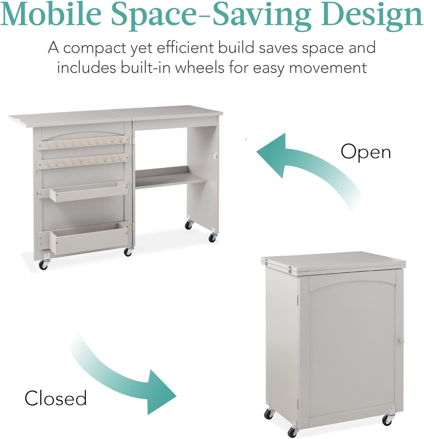Best Choice Products - Mesa de coser plegable multiusos, estación de manualidades, diseño compacto, ruedas, estantes, almacenamiento, clavijas, puertas magnéticas, pomos de puerta de metal, blanca