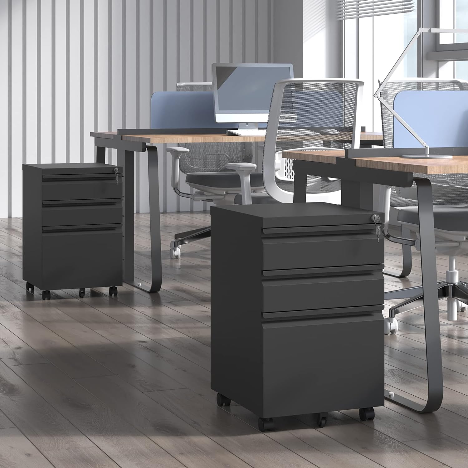 BIZOEIRON - Archivador móvil de 3 cajones, archivador de metal debajo del computadora con cerradura y ruedas, archivador rodante para oficina en casa, legal/letra/archivo A4 (negro)