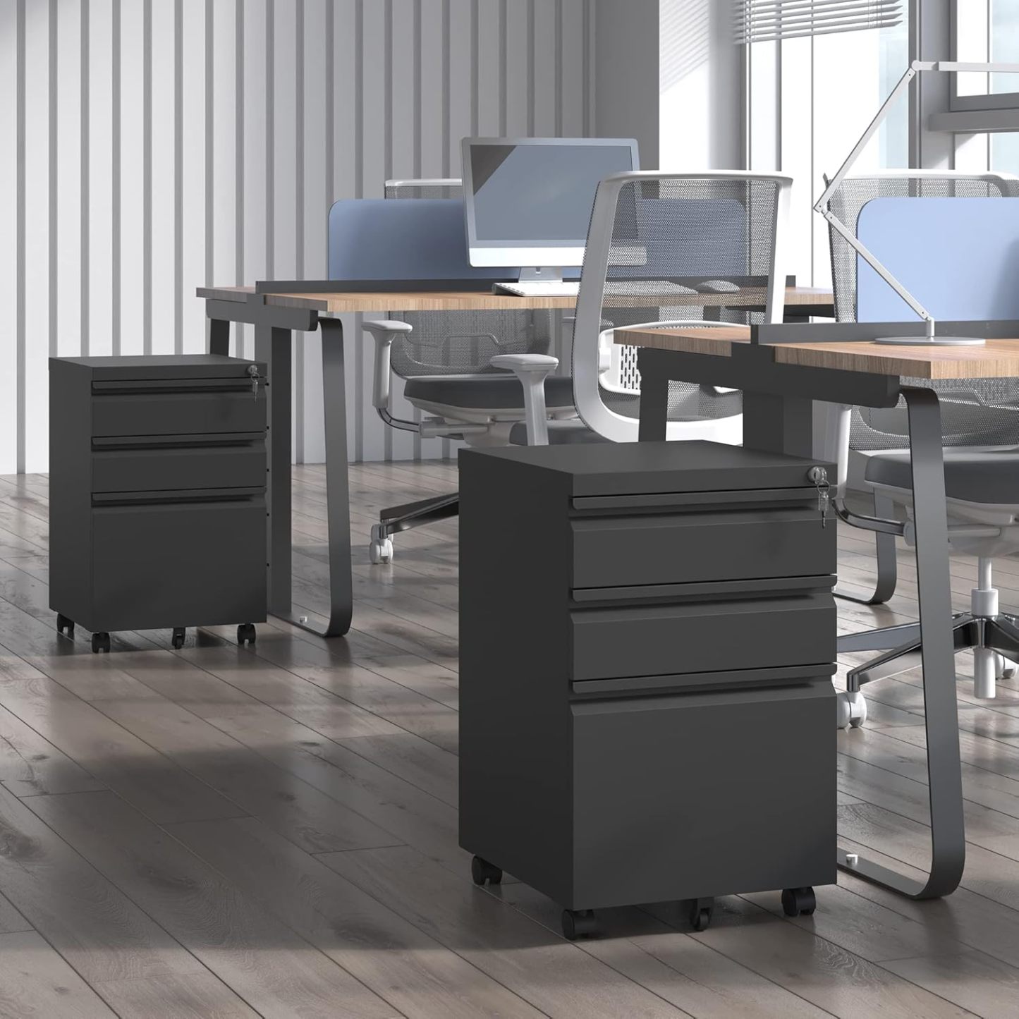 BIZOEIRON - Archivador móvil de 3 cajones, archivador de metal debajo del computadora con cerradura y ruedas, archivador rodante para oficina en casa, legal/letra/archivo A4 (negro)