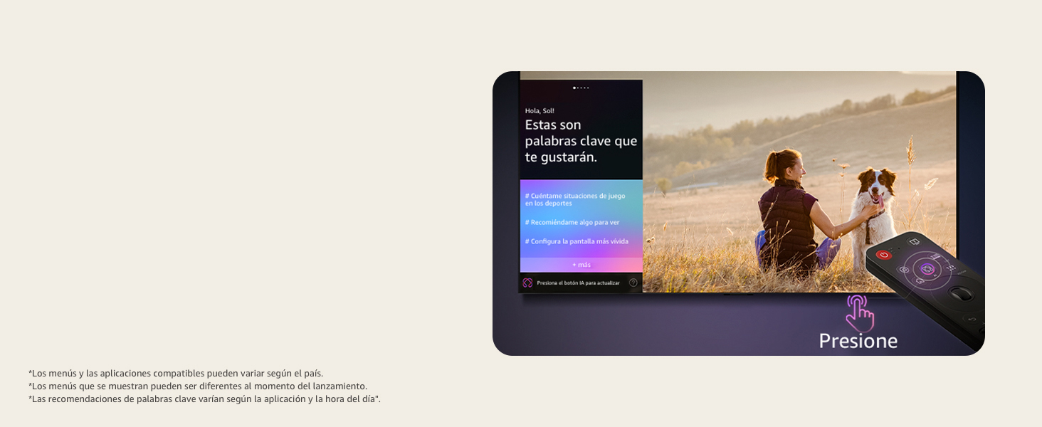 LG AI Magic Remote in front of LG TV showing keywords based on user's search and watch history