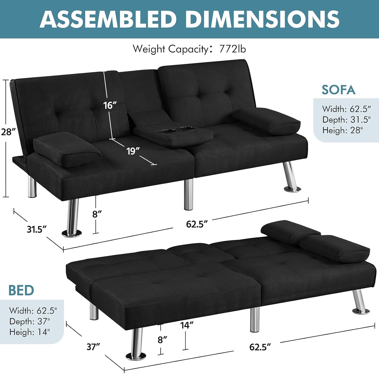 Yaheetech - Sofá Cama Convertible Ajustable, Moderno sillón reclinable de Piel sintética Reversible, sofá Cama Plegable, reposabrazos extraíbles, portavasos, 3 ángulos, Capacidad de 700 Libras, Color