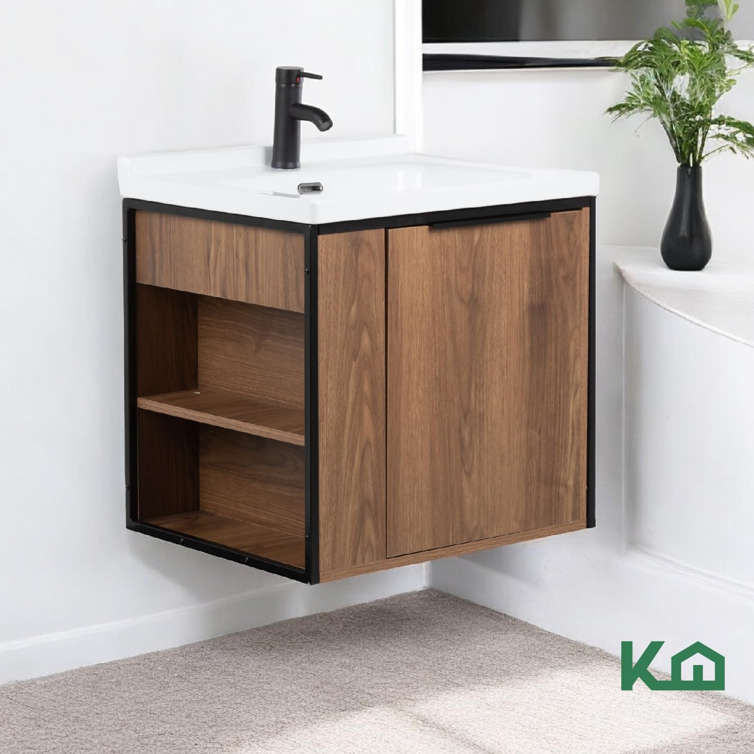 Kingshouse | Gabinete para Baño con Ovalín y Monomando – Mueble de Baño Lavamanos con 2 Cajones – Lavabo – Gabiente Organizador - Color Gris Mate – Fibra de Madera MDF – Lavamanos De Cerámica