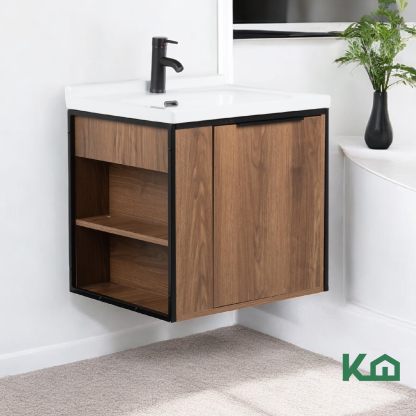 Kingshouse | Gabinete para Baño con Ovalín y Monomando – Mueble de Baño Lavamanos con 2 Cajones – Lavabo – Gabiente Organizador - Color Gris Mate – Fibra de Madera MDF – Lavamanos De Cerámica