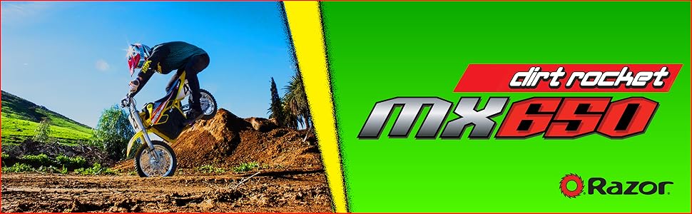 Razor: MX650: Boy riding on dirt hill, rear wheelie