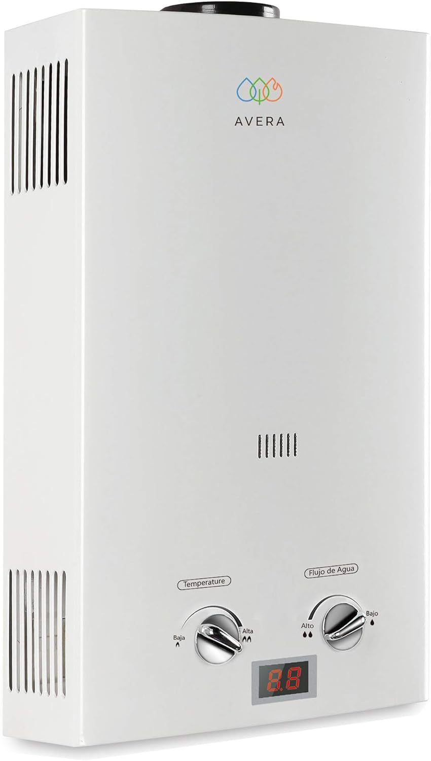 AVERA Calentador de Agua Instantaneo para 1 Regadera GAS LP, Perillas Reguladoras, (Ahorra Hasta 80% de Gas y Disfruta de Agua Caliente al Instante), Boiler de Paso, Capacidad 6 Litros/Minuto, C6L