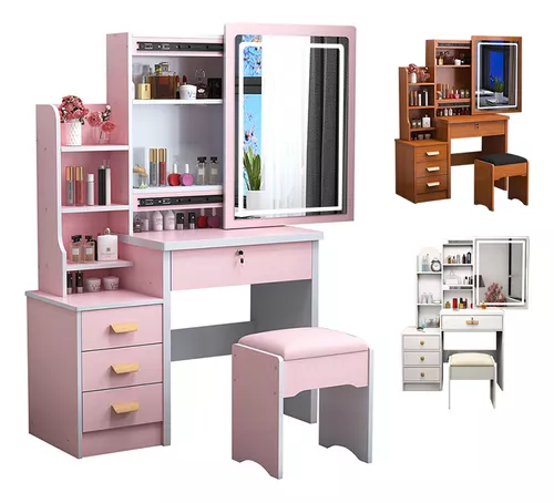 Tocador Multifuncional Moderno Con Espejo, Silla Y 4 Cajones