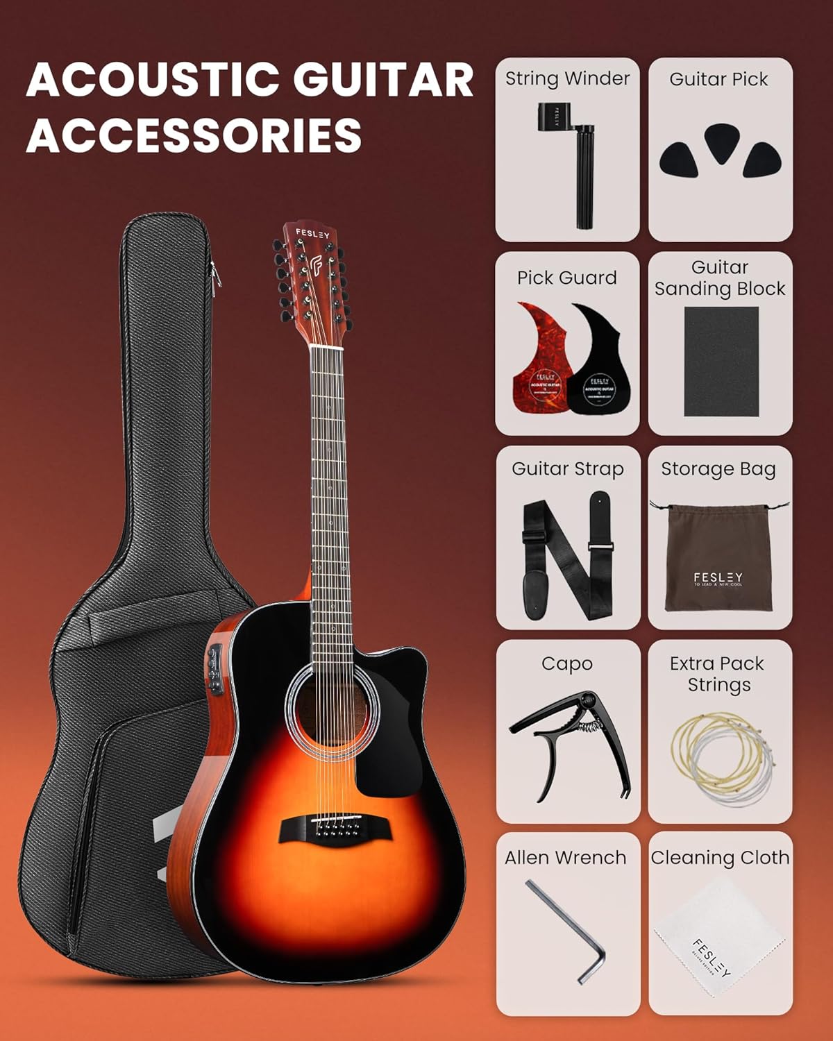 Fesley Guitarra de 12 cuerdas, guitarras eléctricas acústicas de tamaño completo para adultos, guitarra de abeto superior acústica, paquete de guitarra recortada con bolsa de concierto, púas, cuerdas, correa, natural