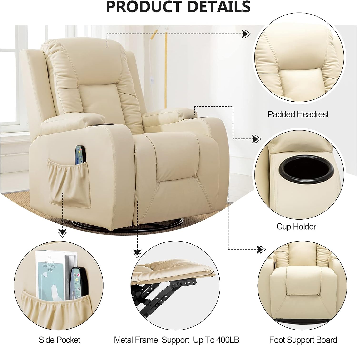 COMHOMA - Silla reclinable giratoria, mecedora de poliuretano para adultos, con masaje y calor, portavasos, bolsillos laterales, para sala de estar y recámara