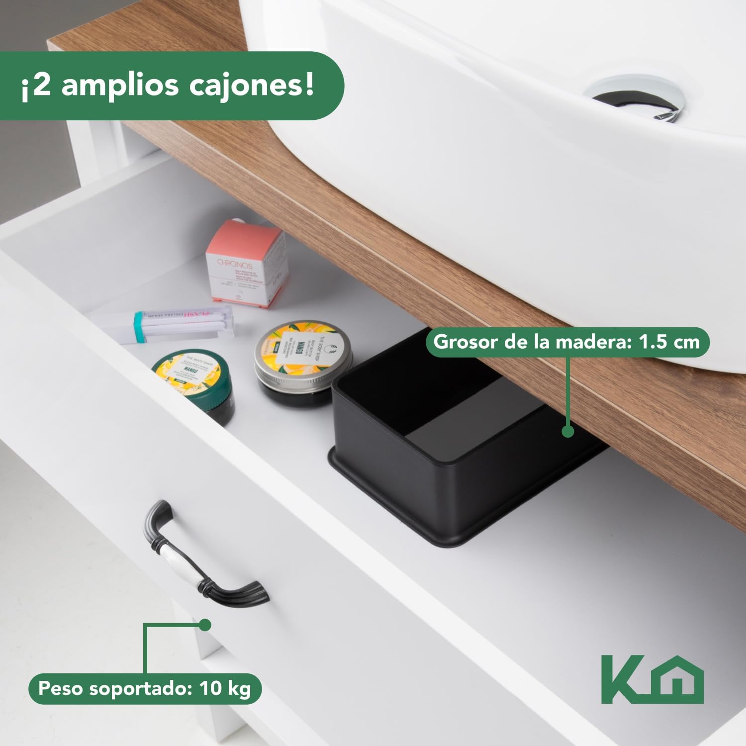 Kingshouse | Gabinete para Baño con Ovalín y Monomando – Mueble de Baño Lavamanos con 2 Cajones – Lavabo – Gabiente Organizador - Color Gris Mate – Fibra de Madera MDF – Lavamanos De Cerámica
