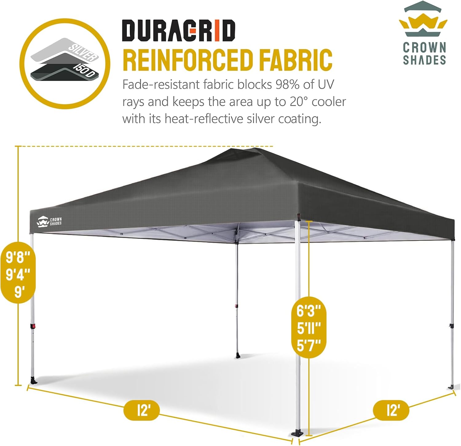 CROWN SHADES - Toldo desplegable de 3.60 x 3.60 metros, toldo patentado de un empuje con bolsa de transporte con ruedas, 8 estacas y 4 cuerdas, negro