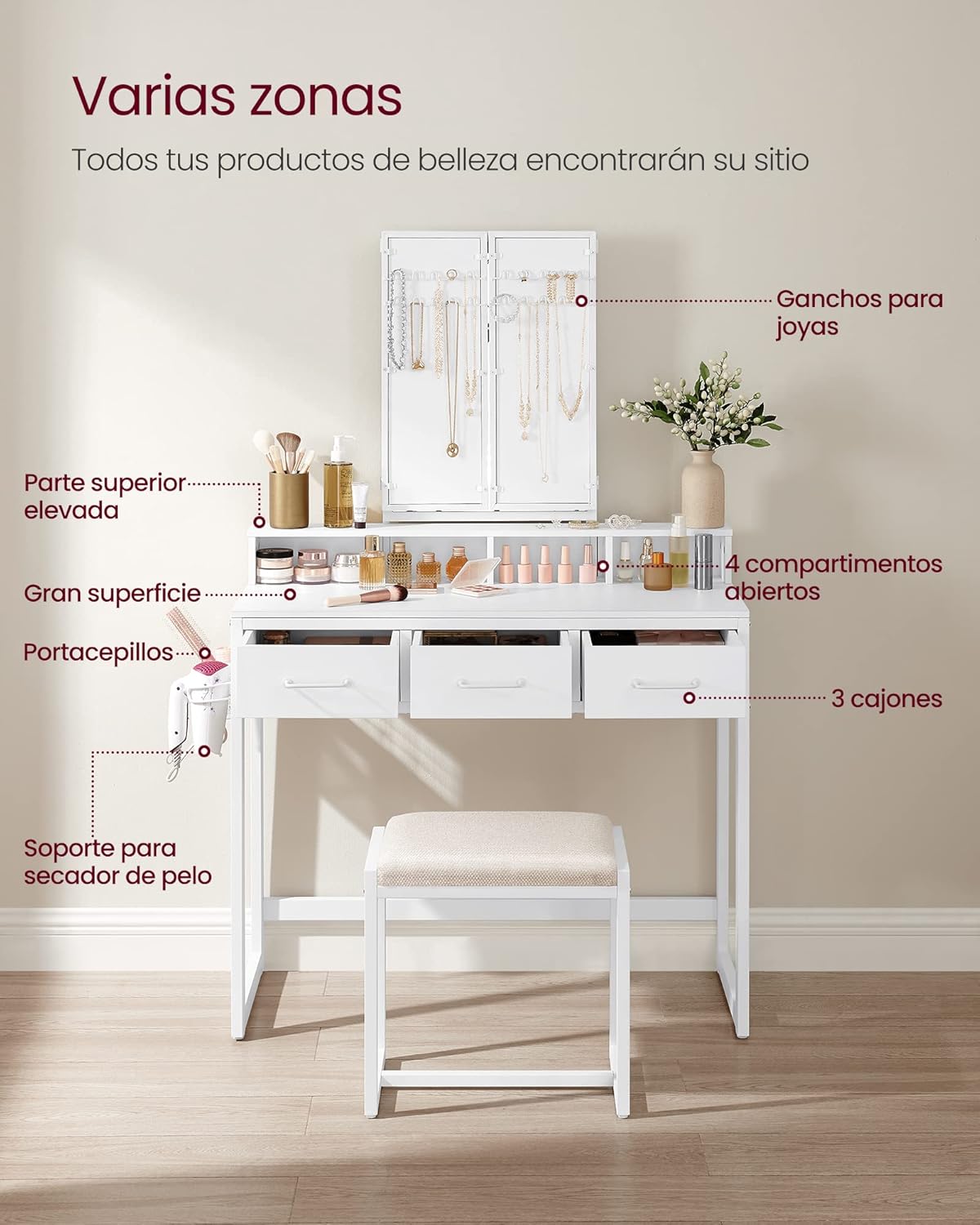 VASAGLE Juego de Mesa de Maquillaje con Espejo Triple, Tocador con Espejo y Taburete, 3 Cajones, Escritorio de Maquillaje, Soporte para Secador, Industrial, Marrón Rústico y Negro RVT004B01