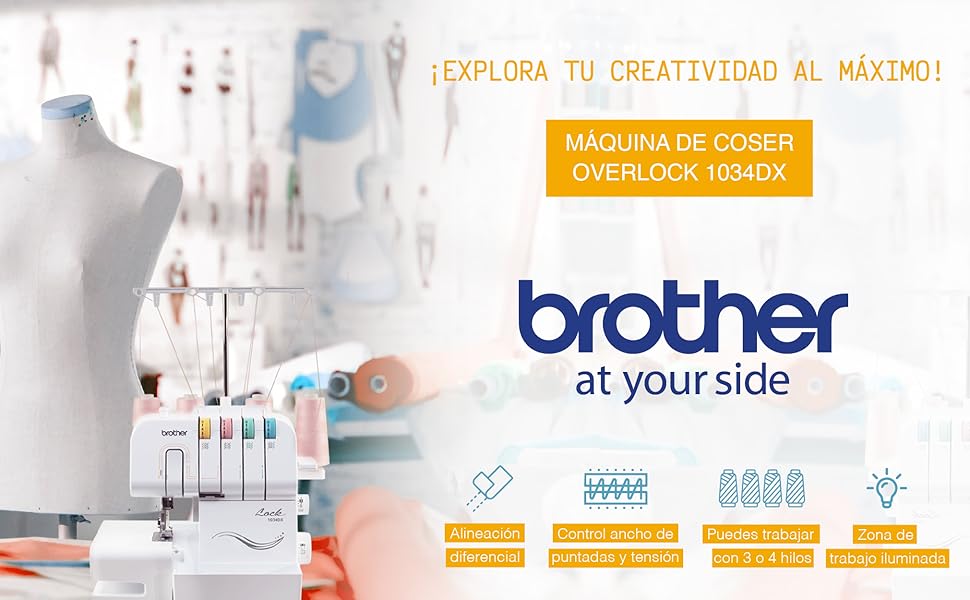 BROTHER M&aacute;quina de Coser Overlock,3 a 4 Hilos,Puntadas x Minuto,Luz LED,Prensatelas,Emprendedores
