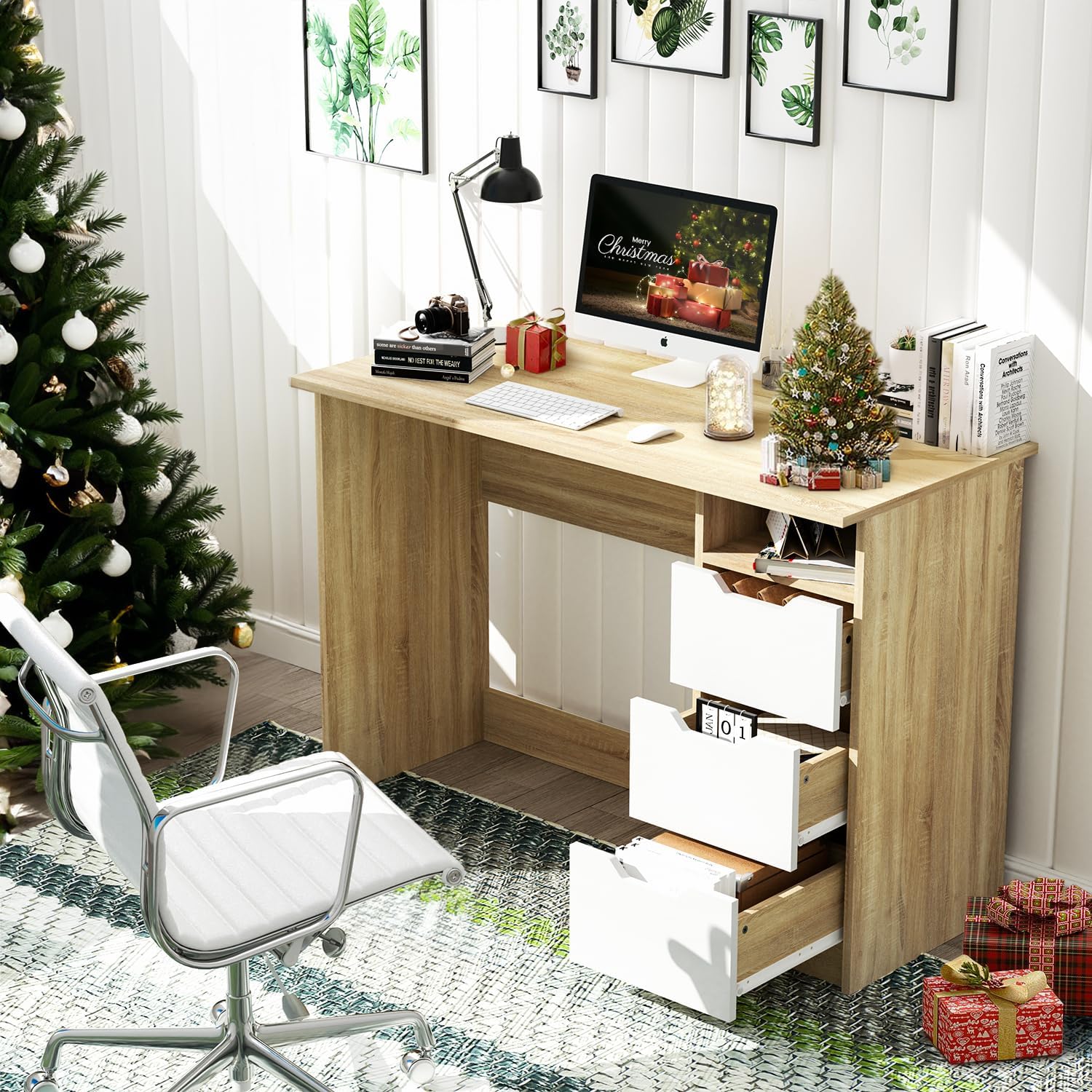 FurnitureR Mesa de Estudio de Escritura Multipropósito para Computadora con 3 Cajones de Guía Deslizantes Laterales Diseño Minimalista Moderno Escritorio de Oficina de Madera Nogal
