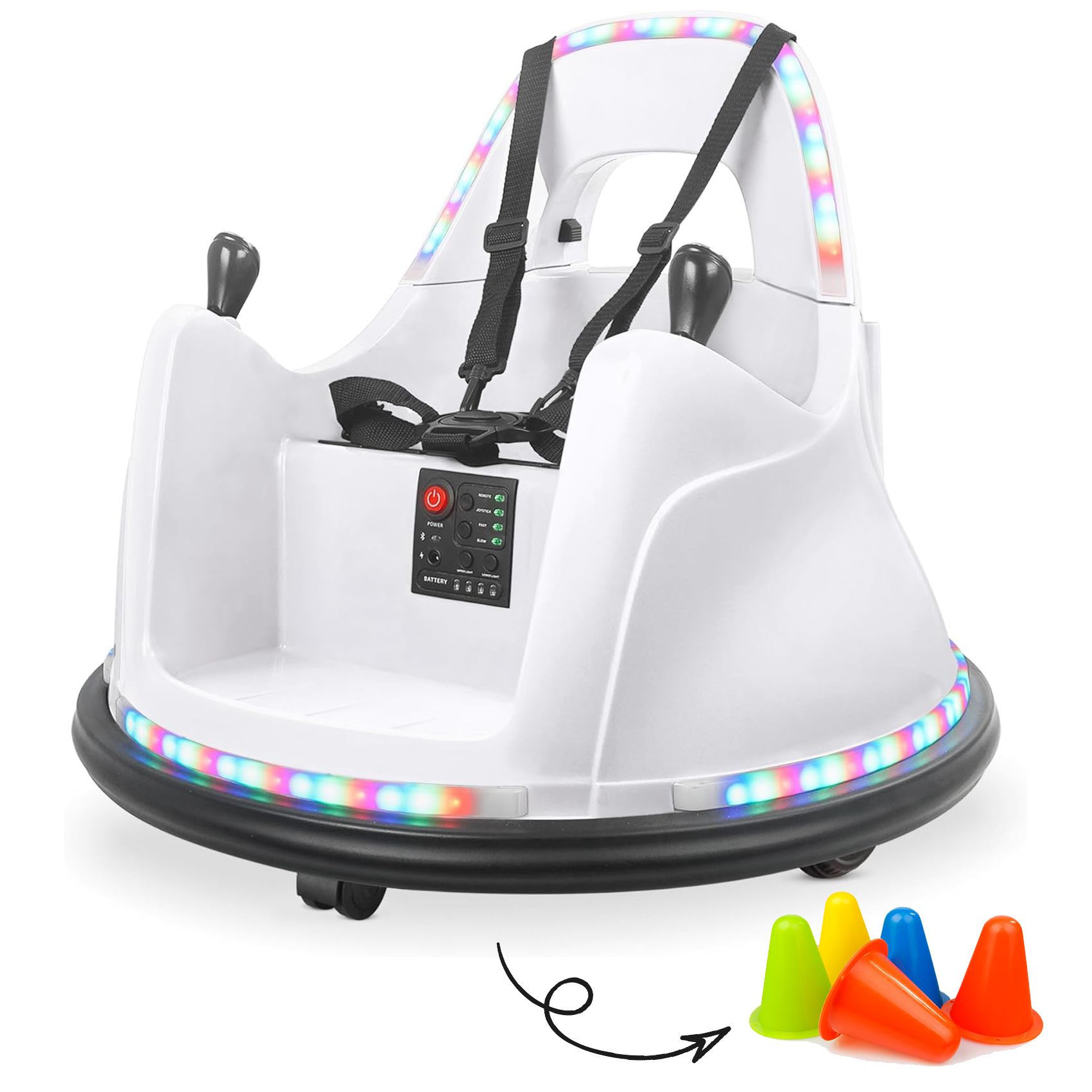 Kidzone Coche de parachoques inteligente para niños pequeños y niños, 12 V, 2 velocidades, juguete eléctrico para chocar, regalos con control remoto, control de aplicación, luces LED, Bluetooth, giro de 360° y pegatina de bricolaje, certificado ASTM